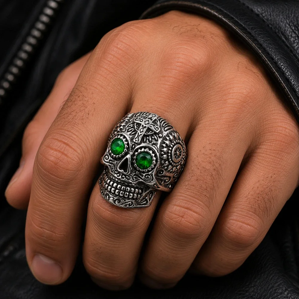 Sugar Skull Ring 316L Stainless Steel GreenCZ Gothic Day of the Dead size 10